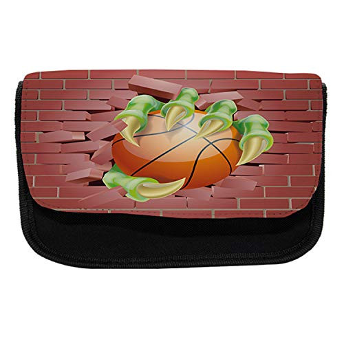 Ambesonne Red Pencil Case, Basketball Cartoon, Fabric Pen Pencil Bag with Double Zipper, 8.5" x 5.5", Coral Orange Lime Green