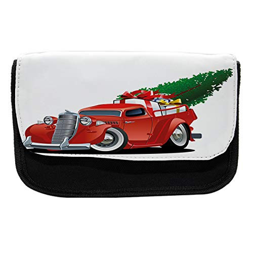 Ambesonne Christmas Pencil Case, Red American Truck, Fabric Pen Pencil Bag with Double Zipper, 8.5" x 5.5", Green White