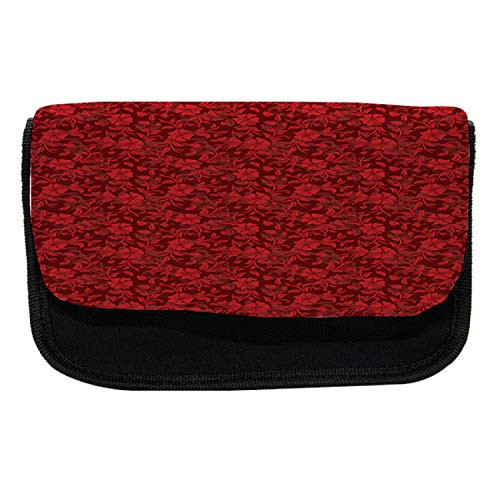 Ambesonne Red Pencil Case, Flowers Leaves and Swirls, Fabric Pen Pencil Bag with Double Zipper, 8.5" x 5.5", Burgundy and Red