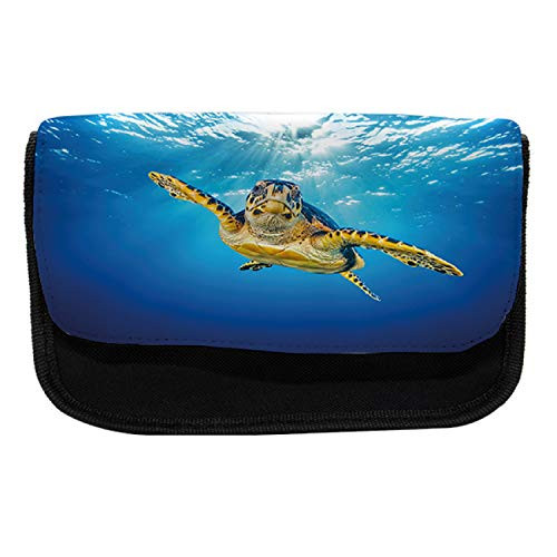 Ambesonne Turtle Pencil Case, Blue Waters Swimming, Fabric Pen Pencil Bag with Double Zipper, 8.5" x 5.5", Blue Yellow Dark Brown