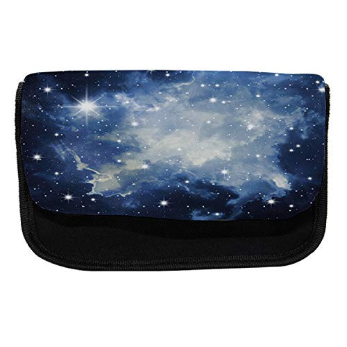 Ambesonne Constellation Pencil Case, Blue Galaxies, Fabric Pen Pencil Bag with Double Zipper, 8.5" x 5.5", Dark Blue Pale Blue White