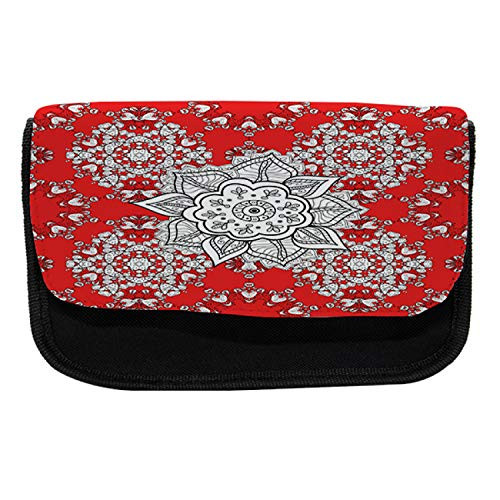 Ambesonne Red Mandala Pencil Case, Doodle, Fabric Pen Pencil Bag with Double Zipper, 8.5" x 5.5", Scarlet White and Black