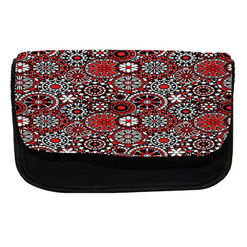 Ambesonne Red Mandala Pencil Case, Flower Mosaic, Fabric Pen Pencil Bag with Double Zipper, 8.5" x 5.5", Black White Orange