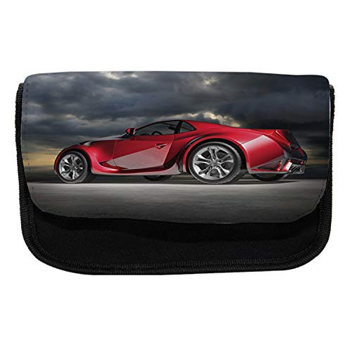 Ambesonne Cars Pencil Case, Modern Red Sports Vehicle, Fabric Pen Pencil Bag with Double Zipper, 8.5" x 5.5", Red Grey Black
