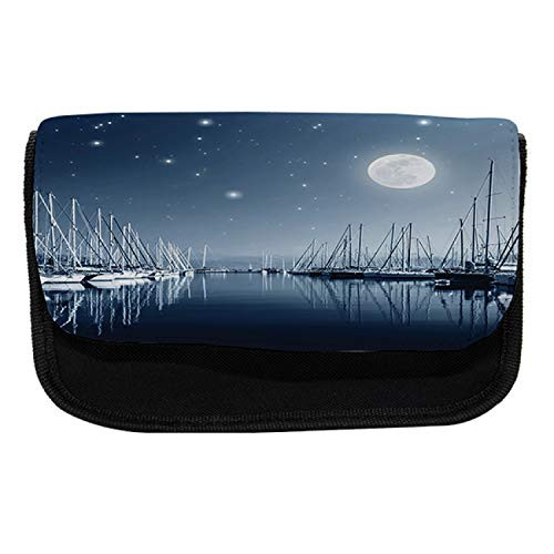 Ambesonne Boats Pencil Case, Calm Marina at Night Moon, Fabric Pen Pencil Bag with Double Zipper, 8.5" x 5.5", Dark Slate Blue Pale Slate Blue White