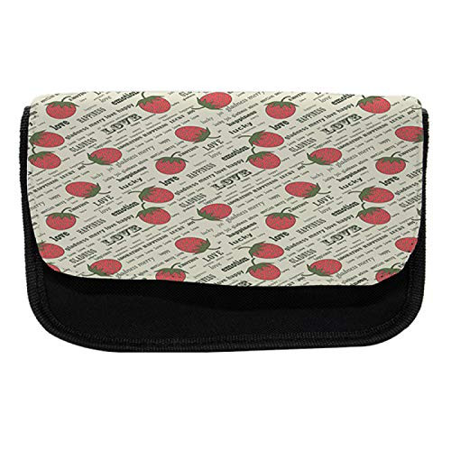 Ambesonne Fruits Pencil Case, Retro Strawberry Love, Fabric Pen Pencil Bag with Double Zipper, 8.5" x 5.5", Eggshell Ruby Army Green
