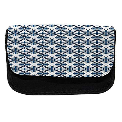 Ambesonne Blue and White Pencil Case, Portuguese Tiles, Fabric Pen Pencil Bag with Double Zipper, 8.5" x 5.5", Dark Blue Pale Blue White