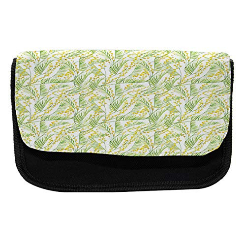 Ambesonne Garden Art Pencil Case, Watercolor Mimosa, Fabric Pen Pencil Bag with Double Zipper, 8.5" x 5.5", Apple Green and Yellow