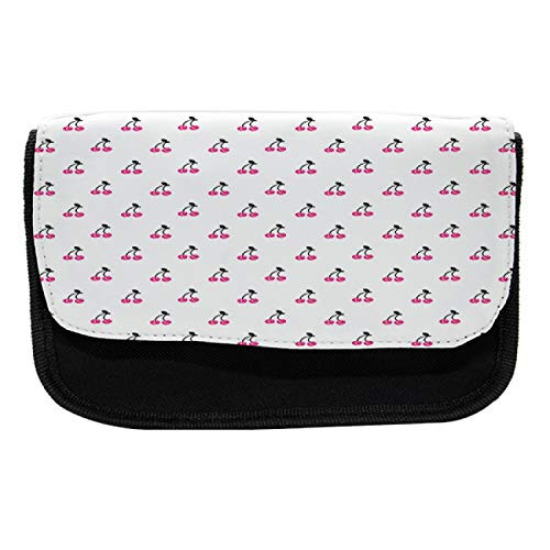 Ambesonne Cherry Pencil Case, Red Pie Cherry, Fabric Pen Pencil Bag with Double Zipper, 8.5" x 5.5", Pink Black White