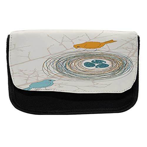 Ambesonne Birds Pencil Case, Blue Eggs in Birds Nest, Fabric Pen Pencil Bag with Double Zipper, 8.5" x 5.5", Pale Blue and Earth Yellow