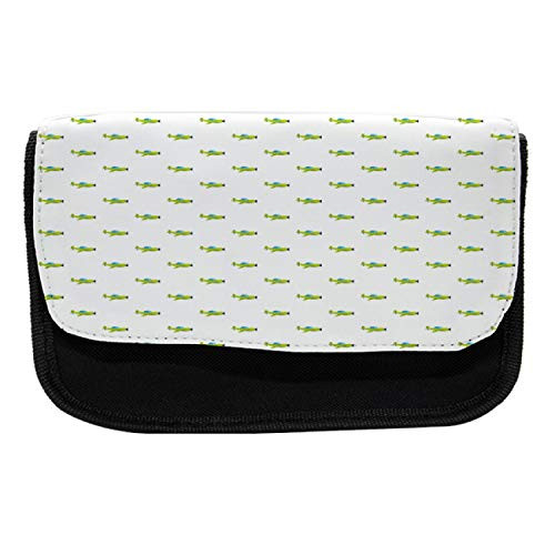 Ambesonne Airplane Pencil Case, Green Cartoon Planes, Fabric Pen Pencil Bag with Double Zipper, 8.5" x 5.5", Apple Green Pale Blue and White