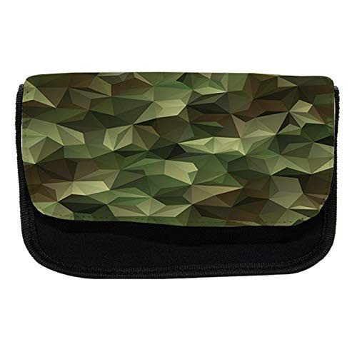 Ambesonne Geometric Pencil Case, Angular Polygon Design, Fabric Pen Pencil Bag with Double Zipper, 8.5" x 5.5", Olive Green Green Brown