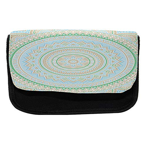 Ambesonne Mandala Pencil Case, Oriental Motif Pastel Tone, Fabric Pen Pencil Bag with Double Zipper, 8.5" x 5.5", Pale Blue Pale Sepia Sea Green White