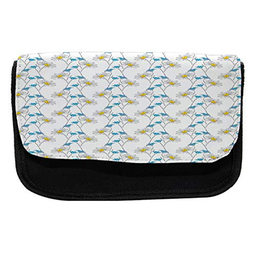 Ambesonne Flower Pencil Case, Daisy Blooms Paintbrush Art, Fabric Pen Pencil Bag with Double Zipper, 8.5" x 5.5", Azure Blue Yellow White