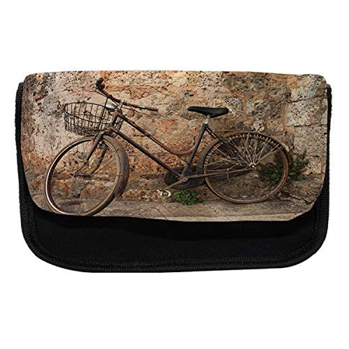 Ambesonne Abandoned Pencil Case, Rusty Vintage Bicycle, Fabric Pen Pencil Bag with Double Zipper, 8.5" x 5.5", Brown Pale Brown Green