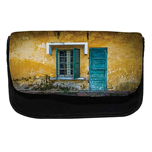 Ambesonne Abandoned Pencil Case, Deserted House Vietnam, Fabric Pen Pencil Bag with Double Zipper, 8.5" x 5.5", Yellow Teal Green