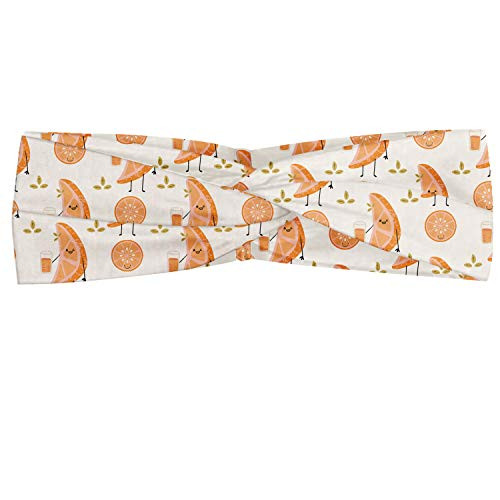 Ambesonne Funny Headband, Orange Citrus Fruit Slice Characters Drinking Cocktails Summer Season, Elastic and Soft Women's Bandana for Sports and Everyday Use, Peach Apricot and White