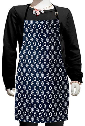 Ambesonne Nautical Blue Apron, Summer Marine Patter with and Wheel, Small Apron Bib with Adjustable Ties for Baking Painting, Small Size, Blue White