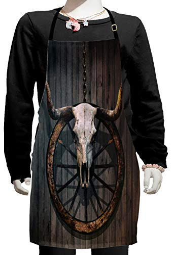 Ambesonne Barn Wood Wagon Wheel Apron, Long Horned Bull Skull and Old West Wagon Wheel on Rustic Wall, Small Apron Bib with Adjustable Ties for Baking Painting, Small Size, White Black Brown