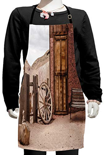 Ambesonne Barn Wood Wagon Wheel Apron, Abandoned Old Farmhouse Doorway Traditional Rustic Outdoors, Small Apron Bib with Adjustable Ties for Baking Painting, Small Size, Umber Pale Brown