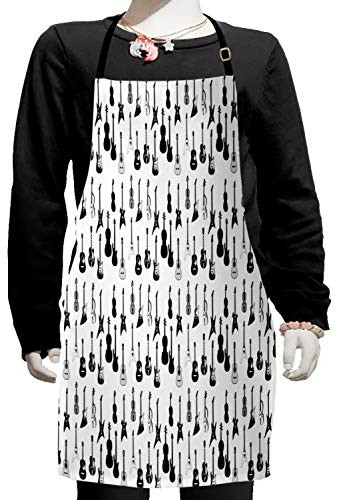 Ambesonne Music Apron, Monochrome Strings Various Types Acoustic and Electronic Guitar Cello Violin, Small Apron Bib with Adjustable Ties for Baking Painting, Small Size, Black White Grey