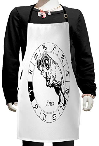 Ambesonne Zodiac Aries Apron, Zodiac Wheel with 12 Signs and Jumping Animal Esoteric Print, Small Apron Bib with Adjustable Ties for Baking Painting, Small Size, White and Black