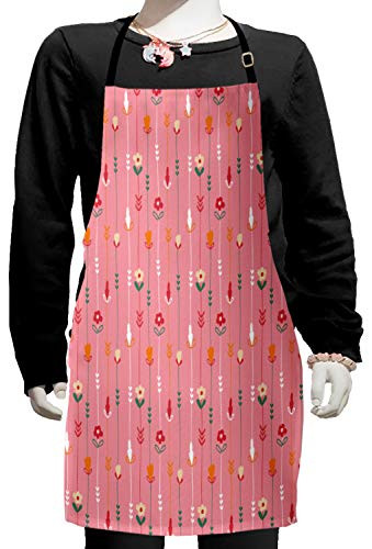 Ambesonne Floral Apron, Vertically Hanged Strings Flowers and Leaves Blossoming Art Garden Blossoms, Small Apron Bib with Adjustable Ties for Baking Painting, Small Size, Pink and Multicolor
