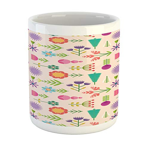 Ambesonne Floral Mug, Abstract Illustration of Flat Design Colorful Flowers with Leaves, Ceramic Coffee Mug Cup for Water Tea Drinks, 11 oz, Pale Peach and Multicolor