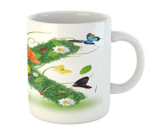 Ambesonne Letter K Mug, Uppercase K Green Themed Image with Nature Inspirations Animals Plant Life, Printed Ceramic Coffee Mug Water Tea Drinks Cup, Green Multicolor