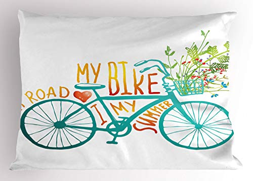 Ambesonne Bicycle Pillow Sham, Vintage Summer Bike a Floral Bouquet Vehicle for Transport Illustration, Decorative Standard Size Printed Pillowcase, 26" X 20", Turquoise Yellow