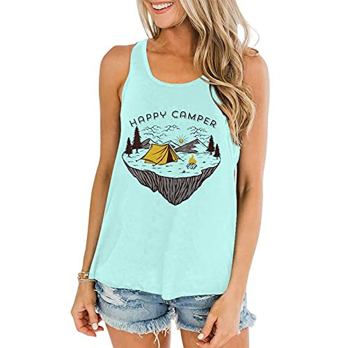 Happy Camper Tank Top Women Hiking Camping Print Sleeveless Shirt Funny Graphic Vest Vacation Casual Tee Tops -Green, S, s-