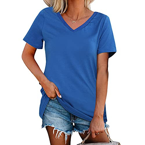 BESFLY Womens Casual V Neck T Shirt Short Sleeve Summer Tops Casual Tee Shirts Blue L