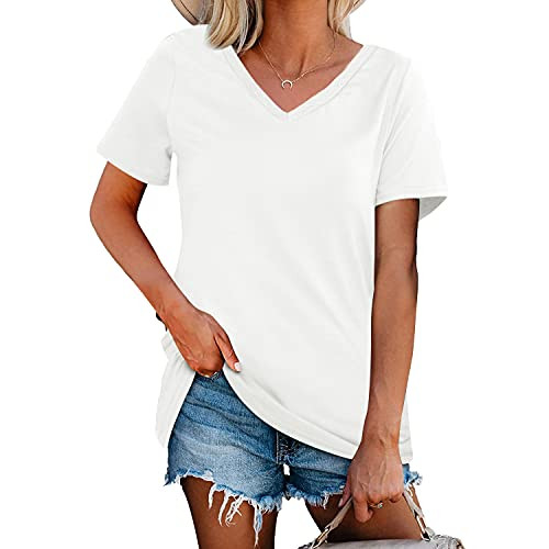 BESFLY Womens V Neck Short Sleeve Basic Tees Tops Loose Casual Tee T Shirt White XXL