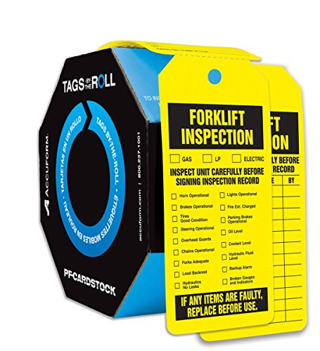 Accuform TAR704 Tags By-The-Roll Inspection and Status Tags, Legend"FORKLIFT INSPECTION", 6.25" Length x 3" Width x 0.010" Thickness, PF-Cardstock, Black on Yellow (Pack of 100)