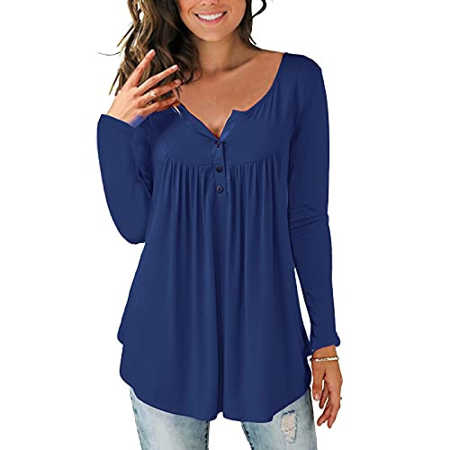 Tops for Women Work Casual Womens Summer Tops,Loose Women's Solid Tunic Tops Casual Blouse V Neck Long Sleeve Buttons Up T-Shirts Navy