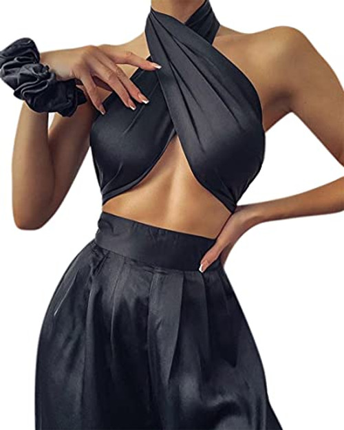 Women Sexy Satin Halter Criss Cross Bandage Crop Top Self Tie Wrap Hollow Out Backless Tank Top Bustier Camisole Black Women Sexy Satin Halter Criss Cross Bandage Crop Top Self Tie Wrap Hollow Out Backless Tank Top Bustier Camisole Black