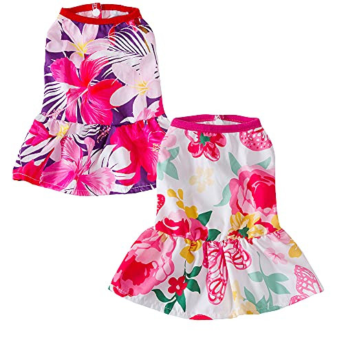 Sebaoyu 2 Pack Dog Dresses for Small Dogs Summer Cute Tutu Princess Dress Girl Dog Clothes Apparel Pet Wedding Dress Cat Skirt Costume Outfits Big Flower Pattern Puppy Clothing -Red/Purple, Small-