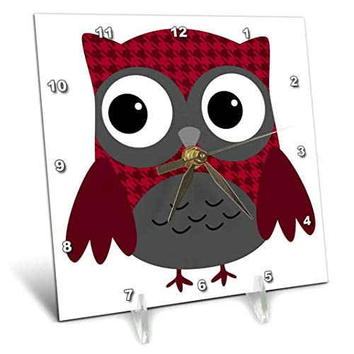 3dRose dc_61031_1 Cute Ruby Red Houndstooth Patterned Owl Desk Clock, 6 by 6"