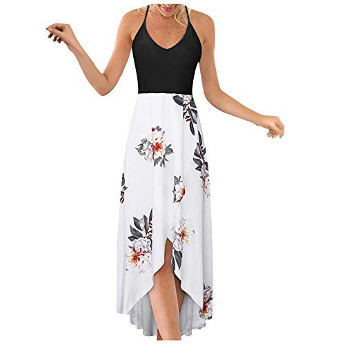 Zieglen Women's Casual Spaghetti Strap Asymmetrical Floral Print Long Maxi Dresses Summer Sexy Backless Sundress White