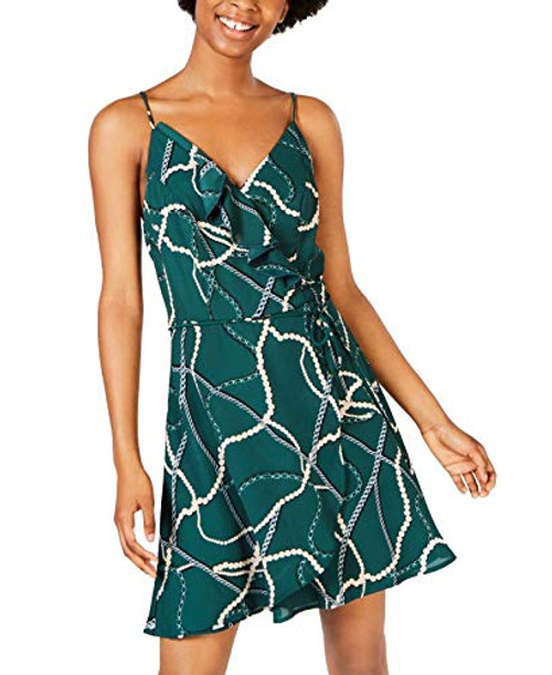 Teeze Me Junior Womens Printed Spaghetti Strap V Neck Short Faux Wrap Dress Hunter Green Size 3/4