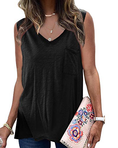 Haloumoning Womens Sleeveless Summer Cotton Tank Tops V Neck Casual Basic Pocket Tee Shirts Black