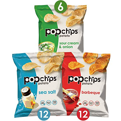 Popchips Potato Chips Variety Pack Single Serve Bags , 3 flavors- 12 Sea Salt, 12 BBQ, 6 Sour Cream  and  Onion, 0.8 oz Bags Each, Pack of 30
