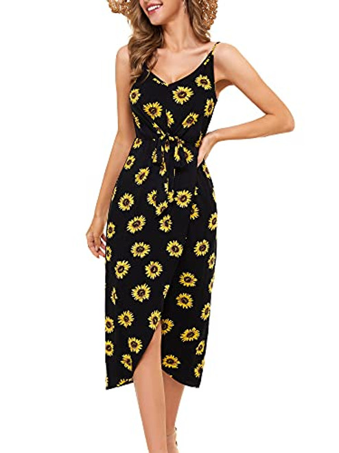 MSBASIC Sunflower Hawaiian Dresses Sleeveless Maxi Wrap Dresses for Women Sunflower03 L
