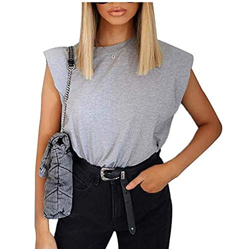 Comulish Womens Solid Cotton Padded Shoulder Sleeveless Tee Vest Crew Neck Loose Tank Tops Gray