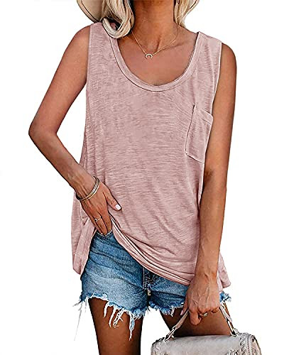 Yskkt Womens V Neck Summer Tank Tops Plus Size Sleeveless Flowy Casual Basic Tunic Tee Shirts with Pocket Pink
