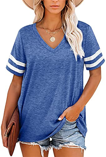 onlypuff Blue V Neck Shirts for Women Casual Loose Fit Striped Sleeve Tunic Top L