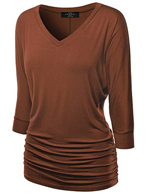 Made By Johnny MBJ WT1036 Womens V Neck 3/4 Sleeve Dolman Top with Side Shirring M Rust