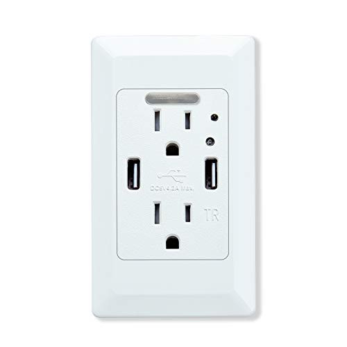 Nineleaf Wall Mount Charger Power Socket USB Wall Charger with 2 AC Outlet  and  2 USB Charging Ports 4.2A Dusk to Dawn LED Sensor Night Light Fast Charging