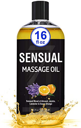 New Sensual Massage Oil for Couples - Big 16oz Bottle - Massage Oil That Sets The Mood and Relaxes The Body  and  Mind - Sensual Blend of Almond, Jojoba, Lavender, Sweet Orange  and  Vitamin E