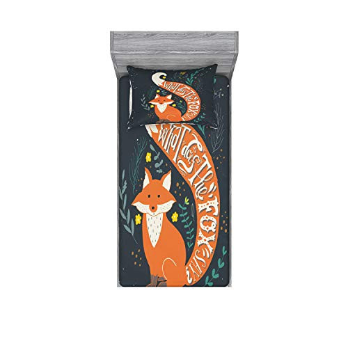 Ambesonne Vintage Fitted Sheet  and  Pillow Sham Set, What Does The Fox Say? Hipster Animals Know Better Habitat Creature Illustration, Decorative Printed 2 Piece Bedding Decor Set, Twin, Orange